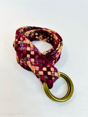 Vintage Lucky Brand Belt Metallic Red Weave, Antique Brass D-Ring Buckle, NEW